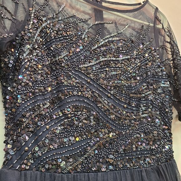 Adrianna Papell Formal Dress Beaded Sequin Womens 4 Navy Blue Short Sleeve Maxi - Picture 4 of 16